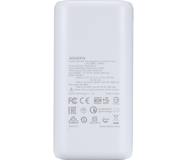 ADATA Power Bank P10000QCD 10000mAh biały - 1055691 - zdjęcie 3